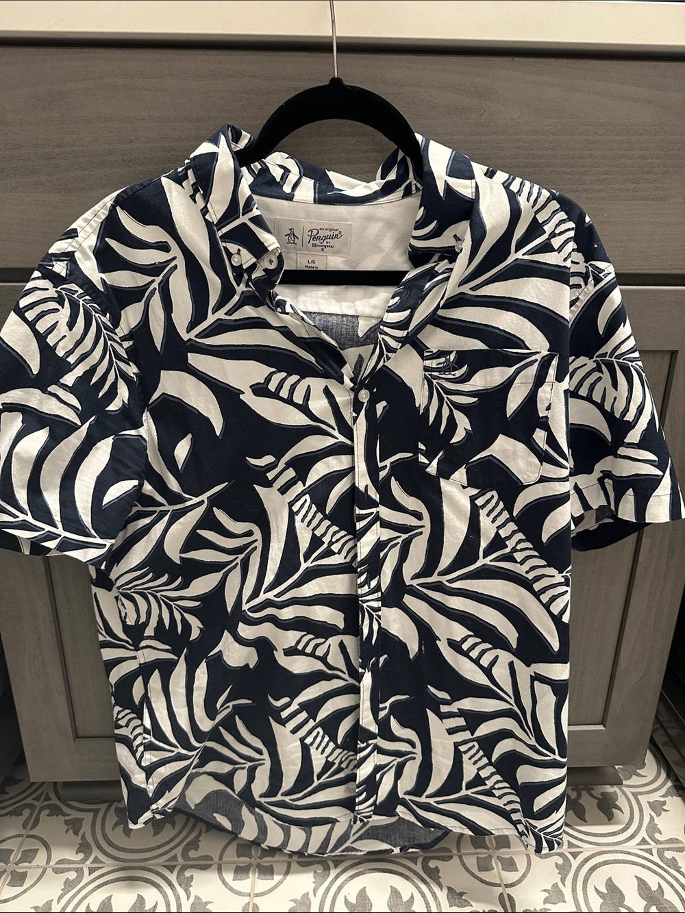 Original Penguin Navy & White Tropical Leaf Button-Down Shirt